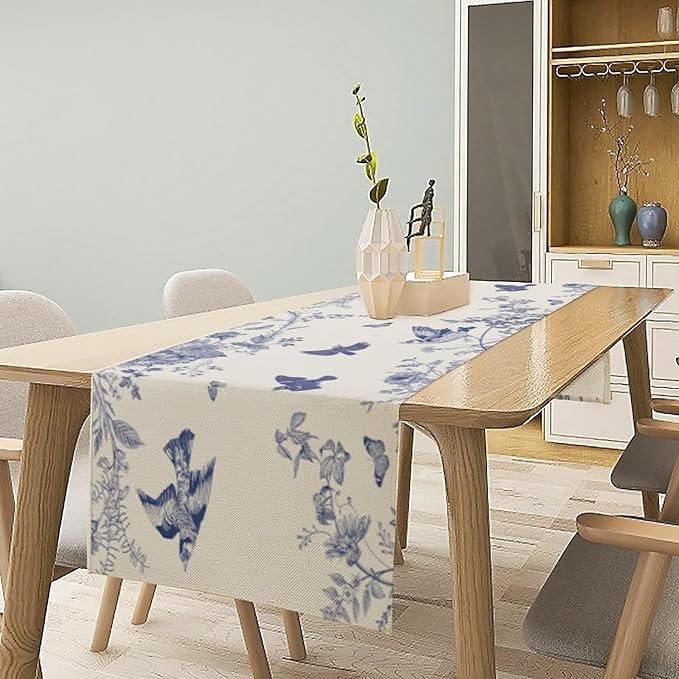 Monochrome Sketch Flowers Bird Table Runner, Seasonal Spring Fall Plants Blue Florals Dinner Runner for Home Kitchen Dining Table Party Holiday Decoration 13"x36"
