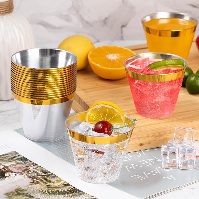 Goodluck 50PCS 9oz Gold Disposable Cups, Plastic Cups with Gold Rim, Cocktail Cups for Wedding, Party and Birthday