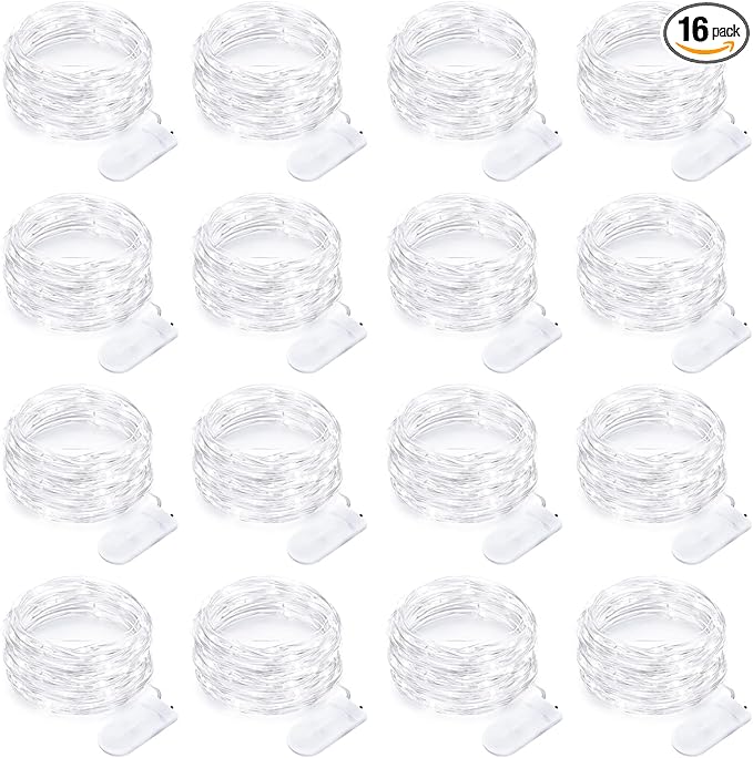 16 Pack Led Fairy Lights Battery Operated String Lights 10 Feet 30 LED Waterproof Twinkle Lights Mason Jar Lights Silver Wire Firefly Lights for Christmas Party Wedding Patio White