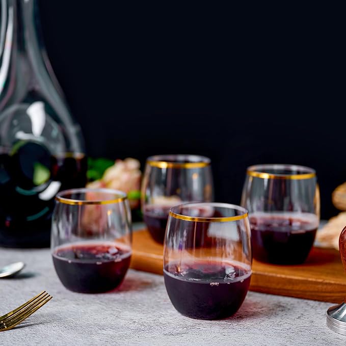 FOCUSLINE 32 Pack 12 OZ Plastic Wine Glasses, Stemless Disposable Wine Cups, Gold Rim Unbreakable Wine Glasses, Reusable Shatterproof Recyclable and BPA-Free Plastic Wine Cups