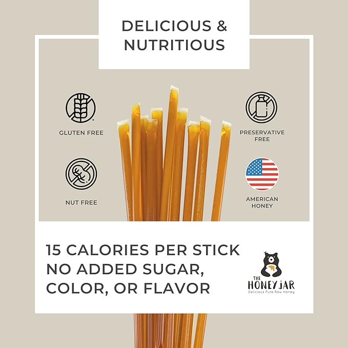 The Honey Jar Plain Honey Sticks - Pure Honey Straws For Tea, Coffee, or a Healthy Treat - One Teaspoon of Flavored Honey Per Stick - Made In The USA with Real Honey - (50 Count)