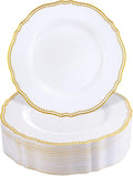 Hioasis 60pcs Gold Plastic Plates - White and Gold Disposable Dinnerware with Gold Rim, Heavy-duty, 7.5 inch, Dessert Plates for Party & Thanksgiving