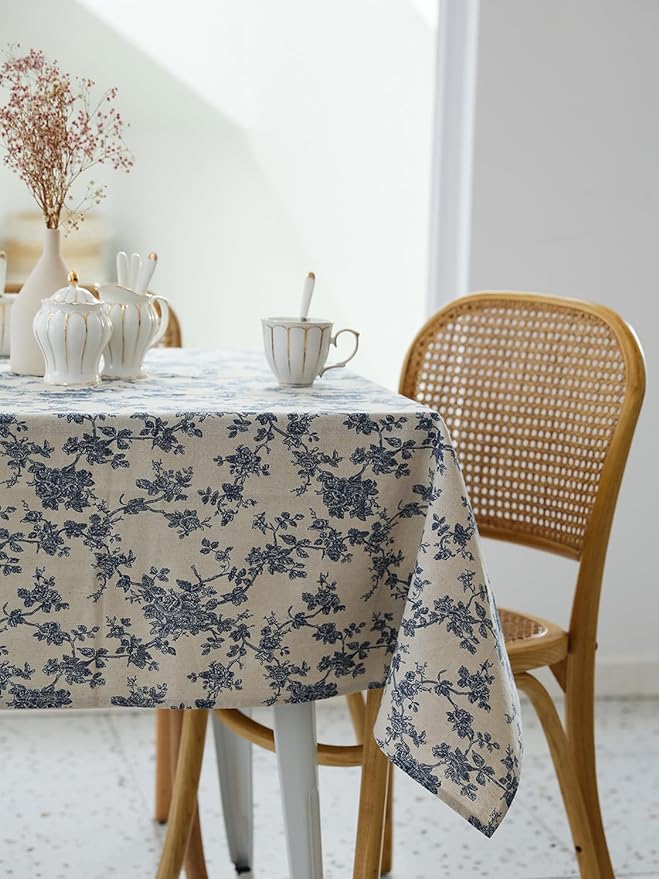 Pastoral Rectangle Tablecloth - 60 x 120 Inch - Beige Table Cloth - Washable Table Cover with Dust-Proof Wrinkle Resistant for Restaurant, Picnic, Indoor and Outdoor Dining, Floral (Dark Blue)