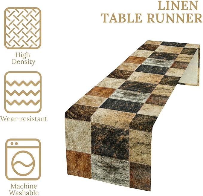Rustic Cow Skin Patchwork Print Table Runner, Farmhouse Country Western Style Fur Table Cover for Dinning Home Party Holidays Home Setting, 13x36 Inch