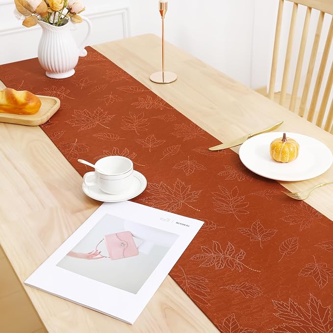Smiry Fall Table Runner - 13x72 Inch Autumn Leaves Damask for Harvest Parties and Thanksgiving Dinner, Rust
