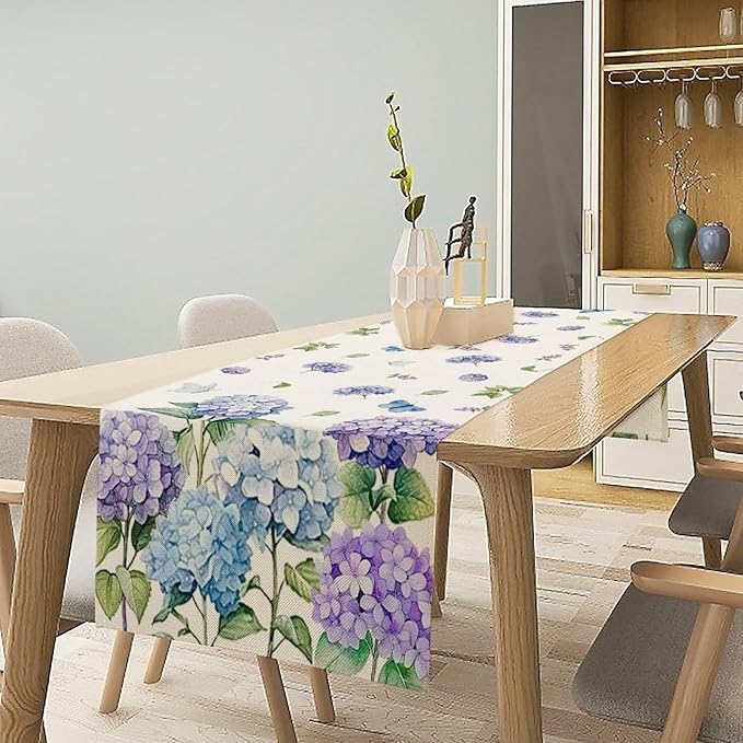 Spring Hydrangea Flower Table Runner, Seasonal Summer Plants Watercolor Florals Butterfly Dinner Runner for Home Kitchen Dining Table Party Holiday Decoration 13"x108"