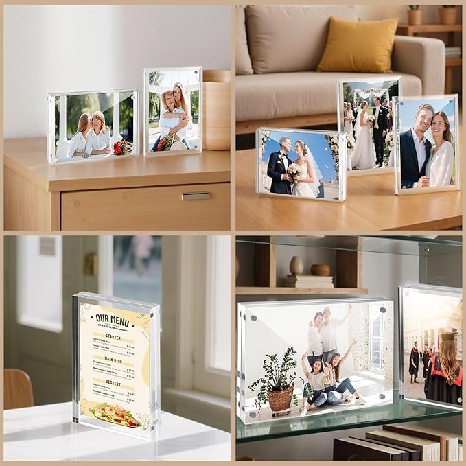 JOHOUSE 5 Pack 5 x 7 Acrylic Picture Frames, Double Sided Magnetic Photo Frames Self Standing Frameless Transparent for Desktop Display Gifts for Women