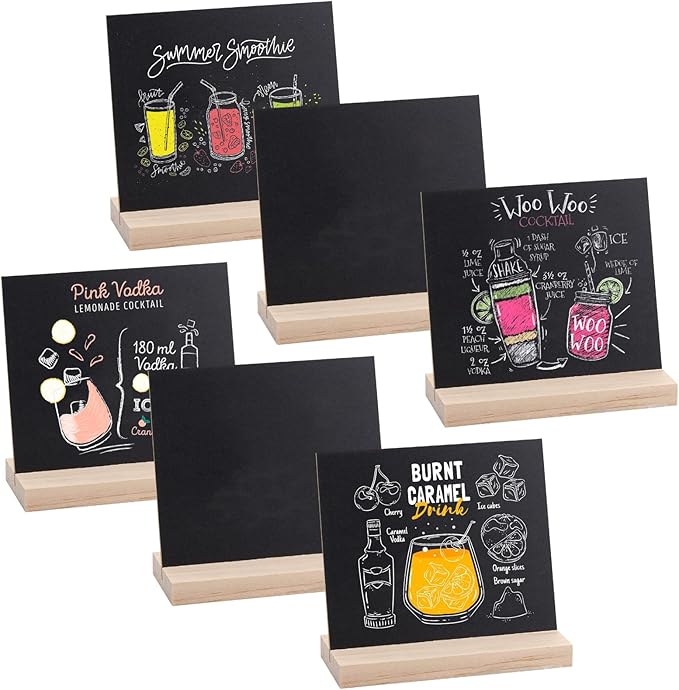 Double-Sided Small Chalkboard Signs (6 x 5 Inch) - Set of 6 with Stand & 7 Liquid Chalk Markers | Vintage Decorative Mini Tabletop Message Boards for Home & Events