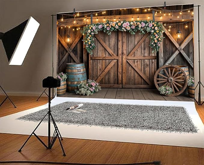 20x10ft Country Wedding Photography Backdrop Rustic Barn Door Photography Backdrop Farmhouse Pink Flower Cabin Wooden Birthday Baby Shower Wedding Bridal Party Banner Photo Booth Props Background