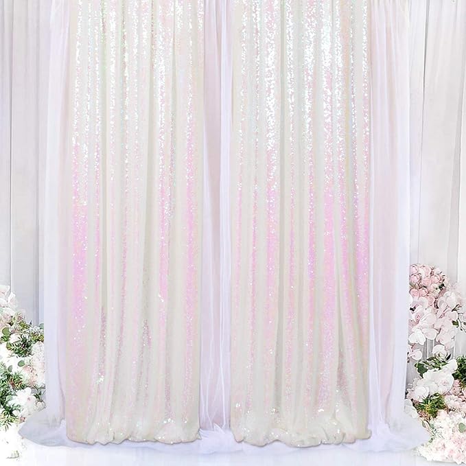 ShinyBeauty Sequin Backdrop 2FTx8FT Iridescent White 2 Pieces White Sequin Back Drop Glitter Background Sparkly Backdrop for Photograph Decorations