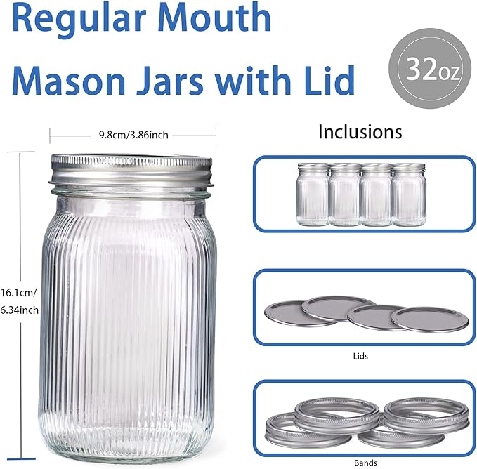 WELLIFE Large Mason Jars,2 Pcs Wide Mouth Mason Jars 32 Oz For Food Storage,Overnight Oats,Honey,Sauces,Meal Prep,Salad,Yogurt