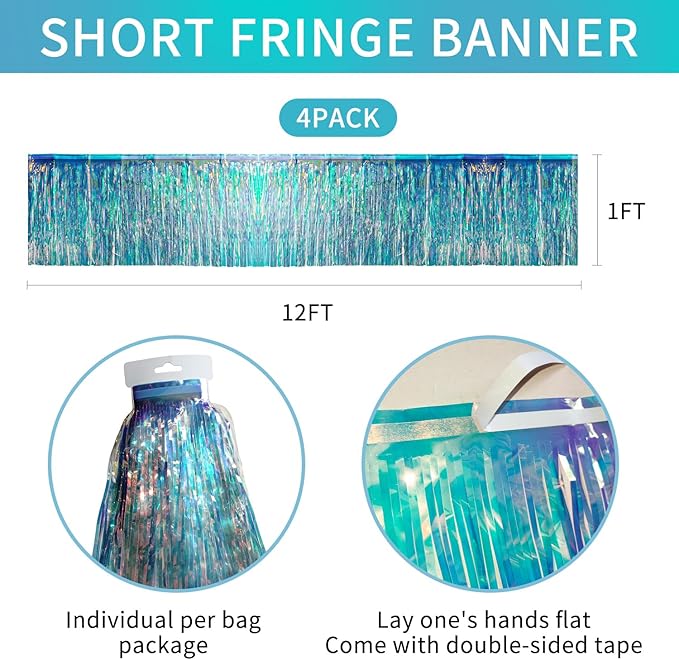 Iridescent Birthday Decorations Tinsel Garland Parade Float Decorations for Trailer 4Pack 12FT Christmas Party Decor Ceiling Fringe Banner Silver Backdrop for Streamers Party Decorations