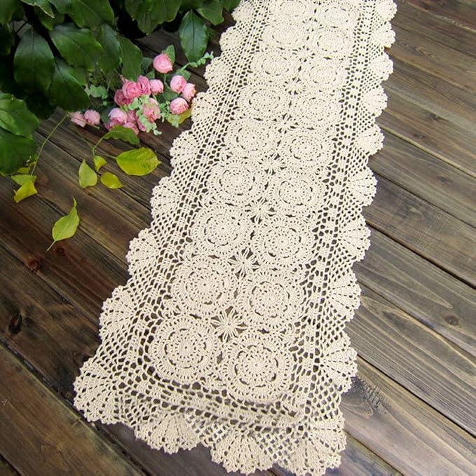 KEPSWET Cotton Handmade Crochet Lace Table Runner Beige Rectangle Coffee Table Dresser Decor (14x84 inch)