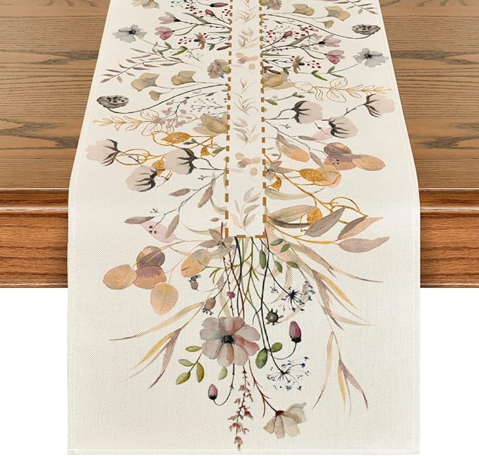 Artoid Mode Wildflower Leaves Floral Fall Table Runner, Autumn Thanksgiving Kitchen Dining Table Decoration for Indoor Outdoor Home Party 13x48 Inch