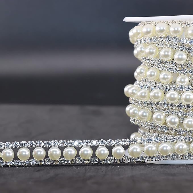 Jerler Rhinestone Trim Applique 1 Yard 2 Rows Crystal Chain Banding Diamond Inlaid White Pearl Beaded Rhinestones for Crafts Clothing and Bridal Embellishments Wedding Ideas Christmas Decorations
