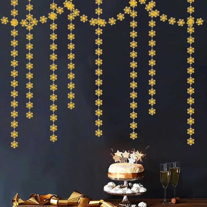 Snowflake-Snow Gold Christmas Party-Decoration Garland - 52ft Winter Wonderland Frozen Ornaments Hanging Paper Streamers,New Years Birthday Baby Shower Bachelorette Wedding Ceiling Decor Hugfond