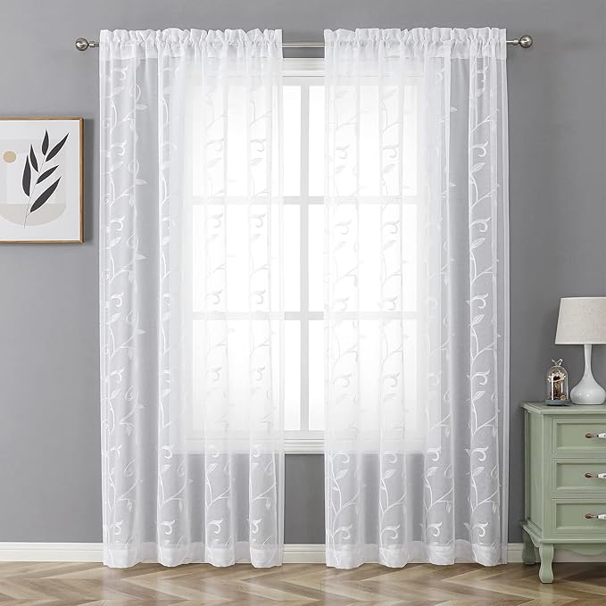 VISIONTEX White Leaves Sheer Voile Curtains, Decorative Embroidery Rod Pocket Window Drapes for Home Living Room and Bedroom 54 x 84 Inch, Set of 2 Curtain Panels