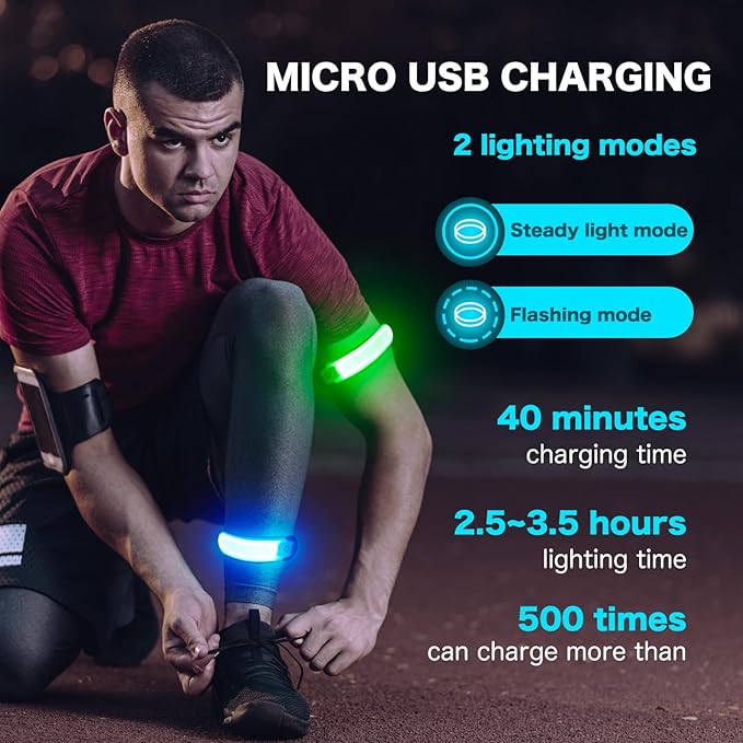 LED Armband Running USB Rechargeable(2 Pack), High Visibility Wristband for Runners, Joggers, Pet Owners, Cyclists, Adjustable Waterproof Reflective Bracelets for Night Running, Walking