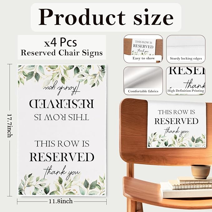 Reserved Seating Chair Signs, This Row Is Reserved Pew Cloths Seating Placeholder for Church Pews, Wedding Decorations for Reception Parties Celebrations Event Meetings (Green, 4 PCS)
