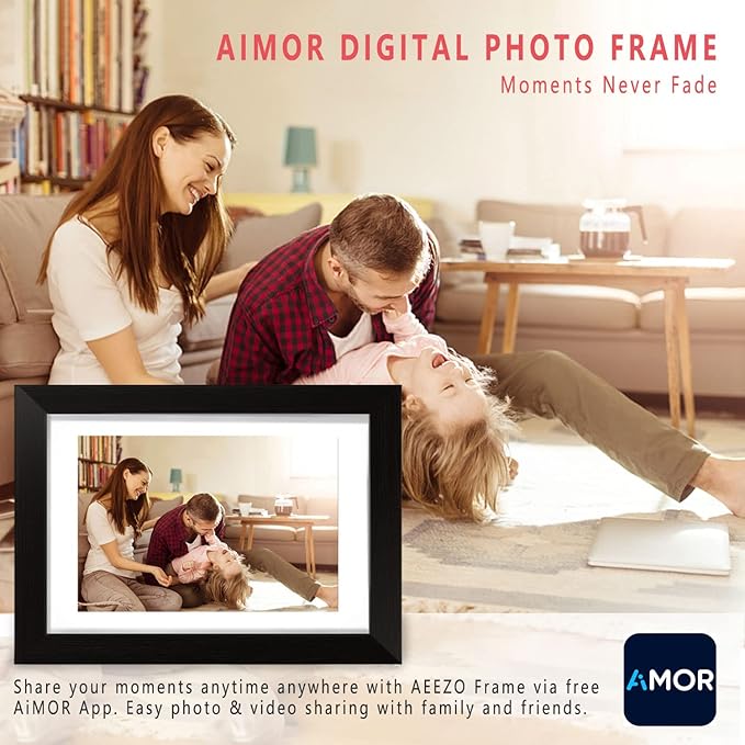 AEEZO Digital Picture Frame 10.1 Inch 1280x800 IPS Touch Screen WiFi Smart Digital Photo Frame with 16GB Storage, Auto-Rotate Easy Setup to Share Photos or Videos via AiMOR APP, Wall Mountable Black