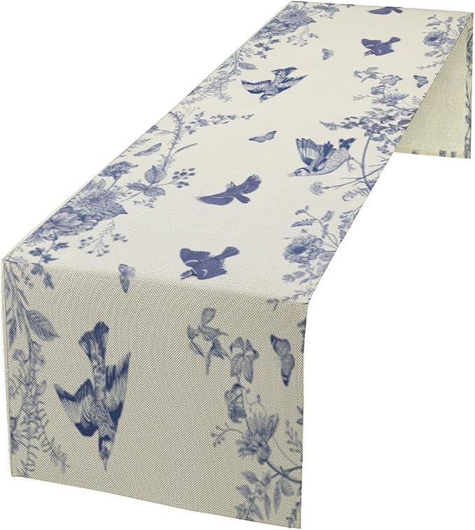 Monochrome Sketch Flowers Bird Table Runner, Seasonal Spring Fall Plants Blue Florals Dinner Runner for Home Kitchen Dining Table Party Holiday Decoration 13"x120"