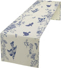 Monochrome Sketch Flowers Bird Table Runner, Seasonal Spring Fall Plants Blue Florals Dinner Runner for Home Kitchen Dining Table Party Holiday Decoration 13"x36"