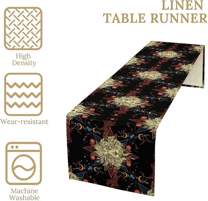 Boho Moon Lion Table Runner, Chinese Fish Phase of The Moon Sun Moon Table Runner for Kitchen Dining Table Home Party,13x70 Inch Black Red