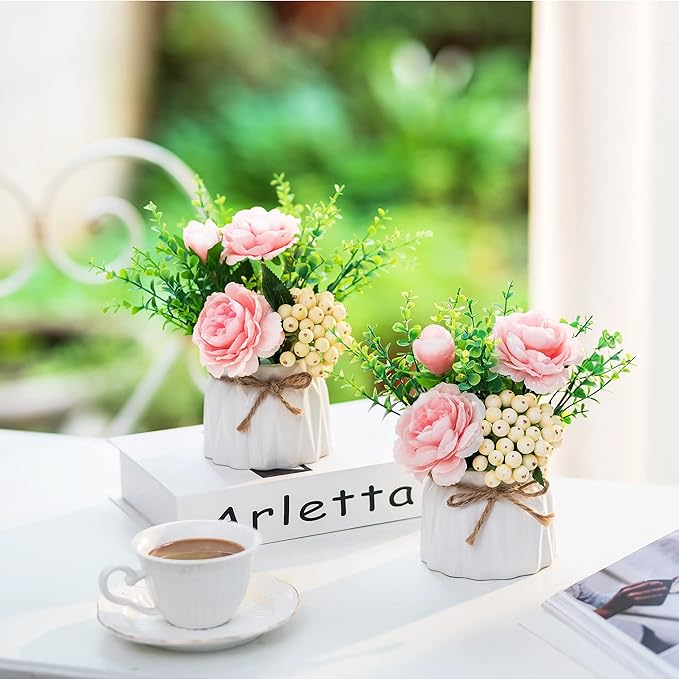 BLOSMON Table Decor Artificial Flowers Vase 7 Inch Small Fake Pink Flower Arrangement 2pcs for Tables Centerpieces Kitchen Dining Room Decorations Faux Flower in Vase Coffee Table Silk Roses
