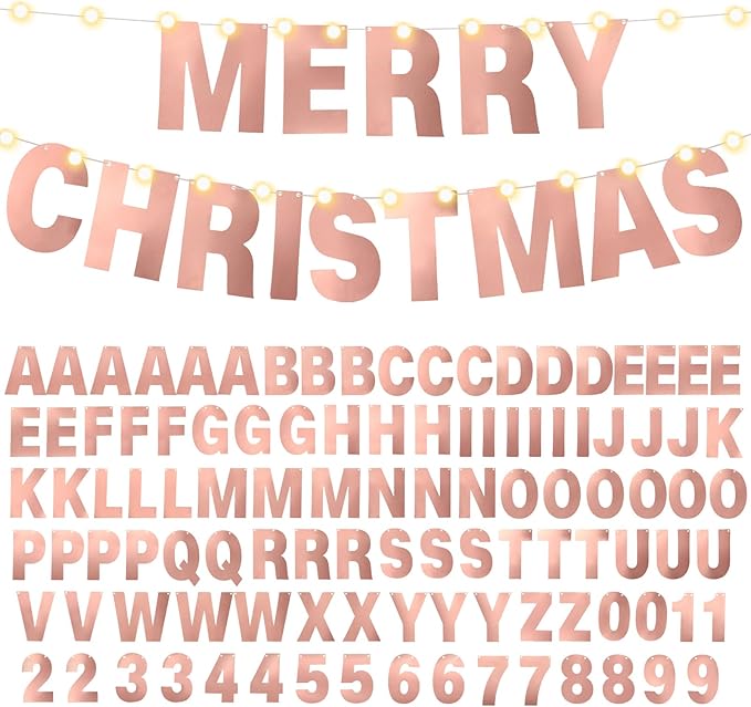 TaoBary 112 Pcs DIY Letter Kit Glitter Customizable Banner Letters Include 107 Letters and Numbers 3 Rope and 2 Needles for Birthday Halloween Christmas Wedding Valentine Party Decor(Bright Rose Gold)