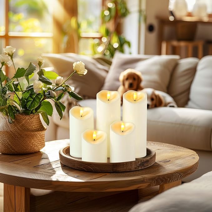 Amagic Waterproof Outdoor Flameless Candles with Remote, LED Candles Battery Operated with Timer, Flickering Fake Pillar Candle for Outside Patio Yard Decor, Ivory, Set of 5, D3 X H4 5" 6" 8" 8"