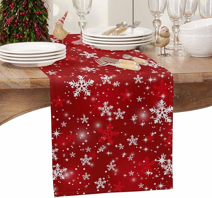 Christmas Snowflakes Cotton Linen Table Runner for Dining Kitchen, Red Xmas Winter Snow Wedding Outdoor Party Tablerunners Decoration, New Year Dresser Scarf Coffee Tablecloth Runners 13x36 Inches