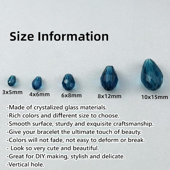 130pcs 6x8mm Teardrop Crystal Glass Beads for Jewelry Making, Faceted Vertical Hole Teardrop Glass Spacer Beads for Wind Chimes Bracelet Earring Necklace DIY Craft(Peacock Blue)