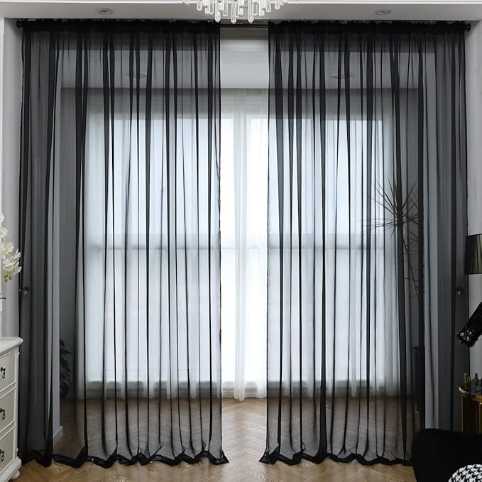 Window Black Sheer Curtains 84 Inches Long 2 Panels Sheer Curtain Basic Rod Pocket Panel for Bedroom Children Living Room Yard Kitchen (Black, 52" W x 84" L | 2 pcs)
