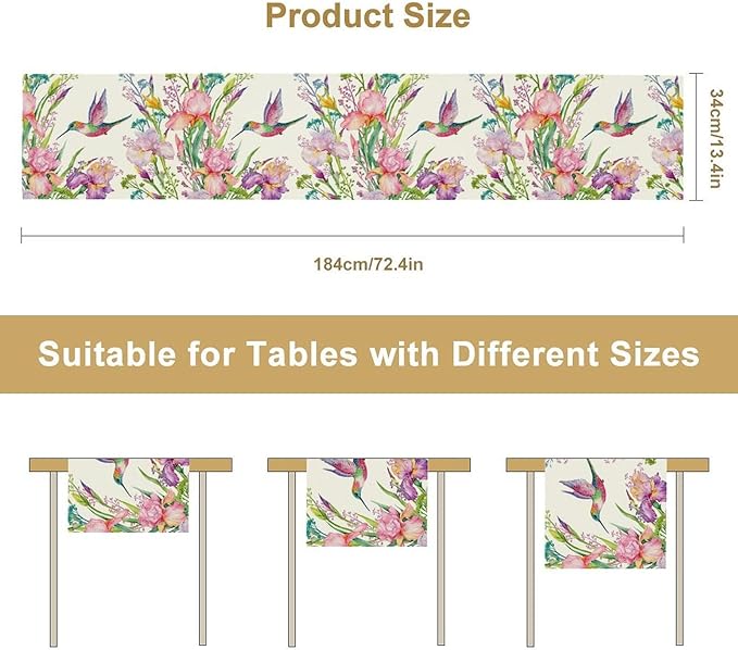 Hummingbird Table Runner,Pink Floral Country Style Table Runner for Kitchen Dining Table Home Party Decoration 13x90 Inch