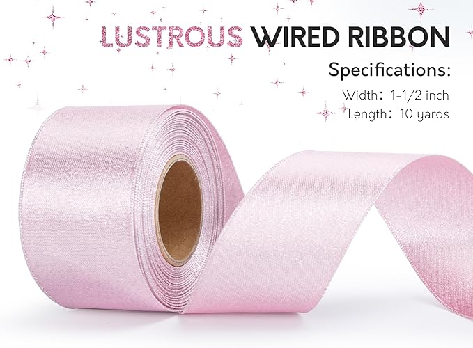 White Satin Wired Ribbon 1-1/2 Inch Double-Faced Glitter Sliver Ribbons for Wreath, Christmas Tree Decoration, Gift Wrapping, Home Decor 10 Yards