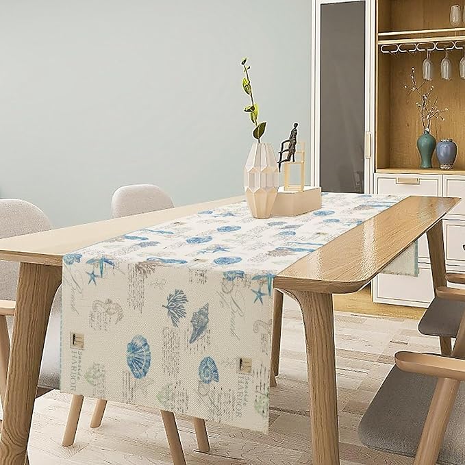Starfish Table Runner,Vintage Nautical Seashell Tropical Beach Theme Coastal Ocean Sea Burlap for Hotel Indoors Outdoor Dining Room Kitchen Tablecloth, 13x70in
