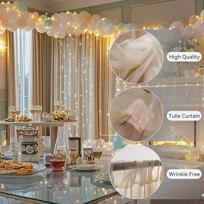 10×8ft Tulle Backdrop Curtains with Lights String - 300LED Fairy Lights Sheer Curtain Backdrop for Weddings Baby Shower and Birthday Party Decorations(6 Panels 5×8ft)