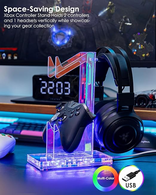 OAPRIRE Headset and Controller Stand with Lights, 2 Tier Acrylic Game Controller Holder, Controller and Headset Stand for Desktop,Universal Design Compatible with PS5/PS4/XBOX/SWITCH (Clear)