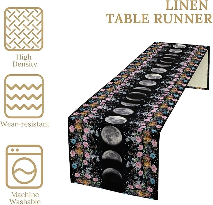 Boho Floral Moon Table Runner, Spring Flower Leaves Mystical Gothic Sun Moon Table Runner for Kitchen Dining Table Home Party,13x108 Inch Purple