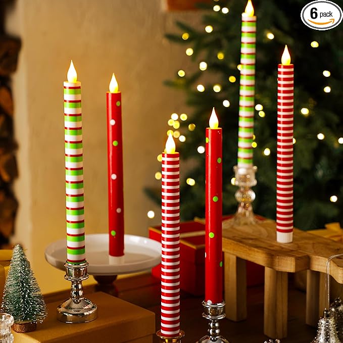 6 Pcs Christmas Flameless Taper Candles 10.6 Inch Red Green and White Striped Dots Candles Battery Operated LED Christmas Candlesticks for Xmas Centerpiece Holiday Party Decor