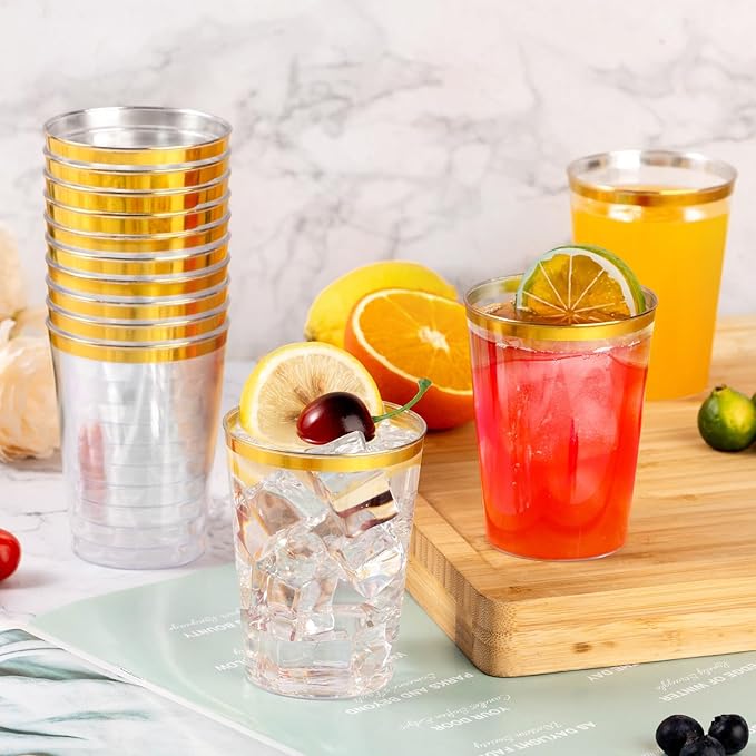 Goodluck 50PCS 10oz Gold Plastic Cups for Party, Disposable Gold Rim Cups, Plastic Cocktail Glasses for Wedding Thanksgiving, Christmas, and Parties
