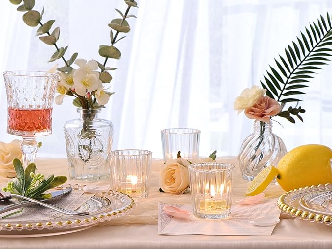 24pcs Vintage Ribbed Votive Candle Holders, Glass Candle Holder for Wedding Table Decor, Tea Lights Candle Holder for Table Centerpiece, Christmas, Holiday Decor