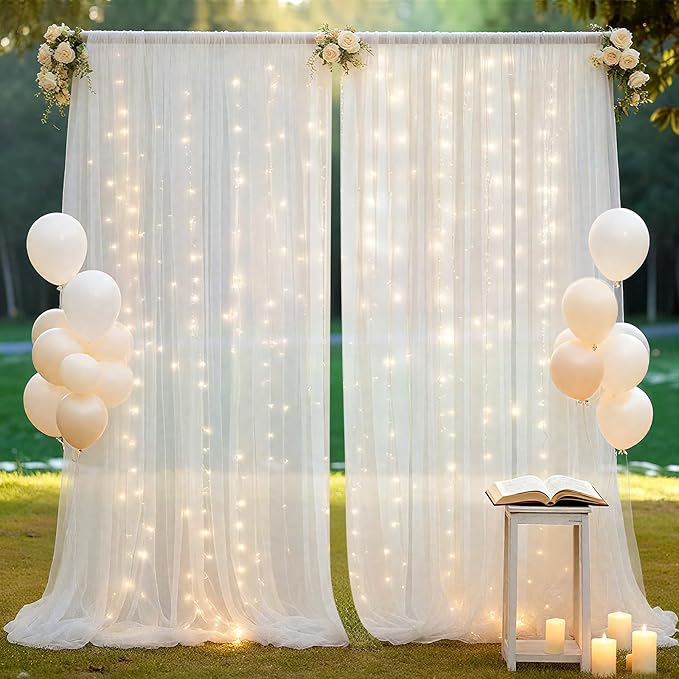 10×10ft Tulle Backdrop Curtains with Lights String - 300LED Fairy Lights Sheer Curtain Backdrop for Weddings Baby Shower and Birthday Party Decorations(8 Panels 5×10ft)