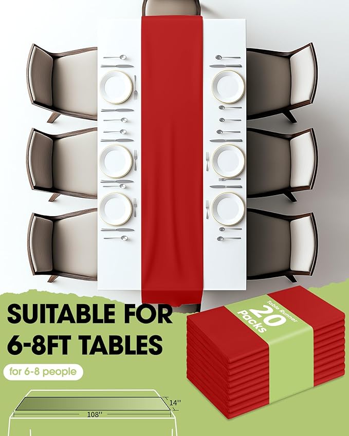 Pureegg Red Plastic Table Runners - 20 Pack, 14'' x 108'', Water Resistant & Disposable Centerpiece Decorations for Table Cloth, Wedding, Birthday, Holiday, Baby Shower, Party, Home Decor