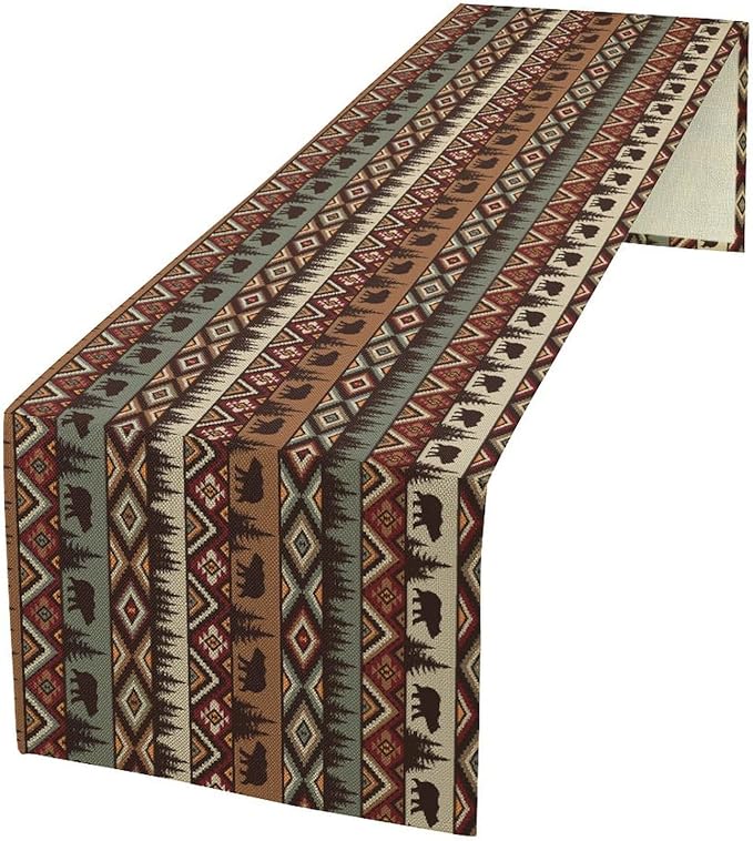 Retro Cabin Table Runner Rustic Bear Forest Farmhouse Lodge Jungle Table Runner for Dinner Party Living Room Kitchen Aztec Vintage 13x108 Inch