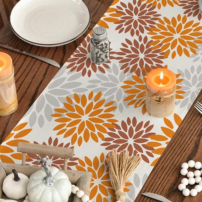 Artoid Mode Orange Dahlia Floral Pinnata Fall Table Runner, Seasonal Autumn Thanksgiving Kitchen Dining Table Decoration for Home Party Decor 13x90 Inch