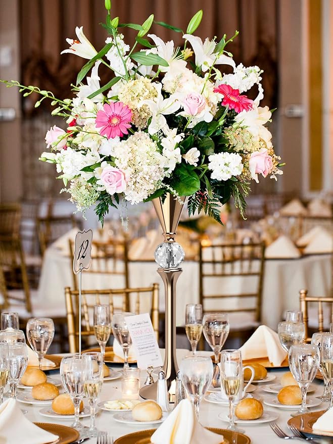 VIJIV Gold Flower Vase for Centerpiece Table Decorations Wedding Reception Decor, 21.3 Inch Tall Metal Vase for Feather Flower Holder Stand Floral Arrangement Gatsby Party Dinner Event Hotel