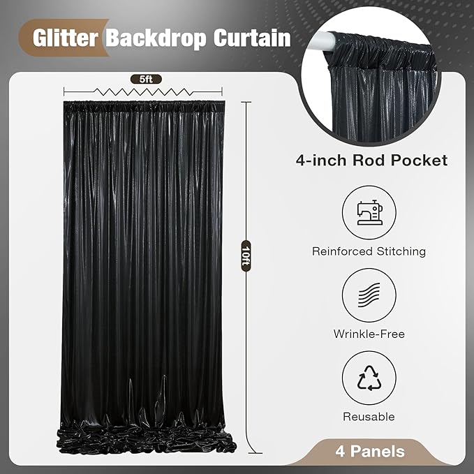20x10FT Black Sequin Backdrop - 4 Panels 5x10FT Wrinkle-Free Glitter Drapes for Weddings, Parties & Events