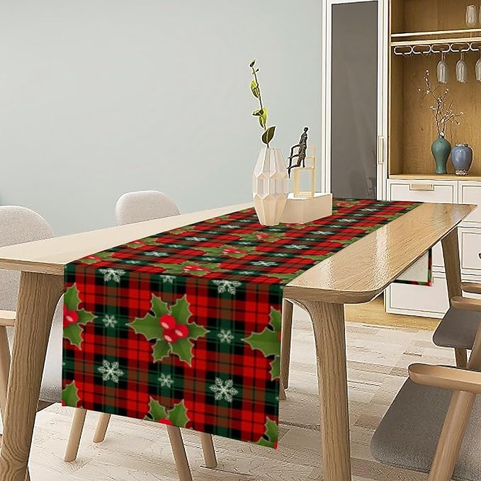 Christmas Table Runner, Red Check Plaid Winter Xmas Holiday Table Cloth Kitchen Dining Table Decoration for Home Party Decor 13x36 Inch
