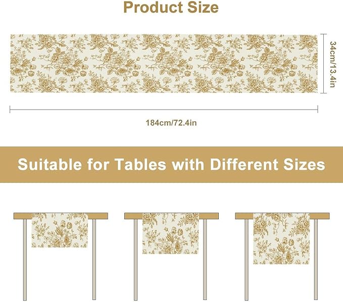 Retro Floral Table Runner, Golden White Wildfloral Sketch Print Kitchen Dinning Table Runner for Indoor Outdoor Home Wedding Party Holiday, 13x60 Inch